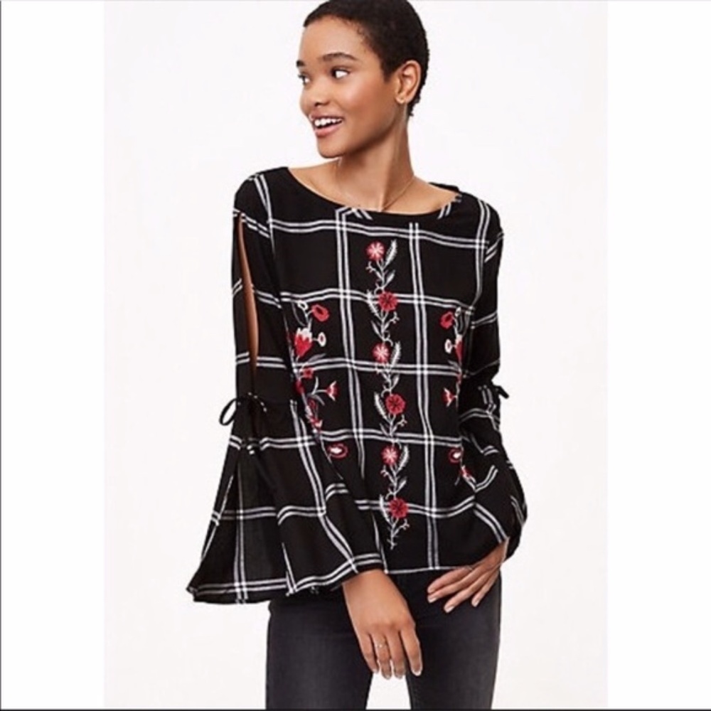 Loft Embroidered Open Sleeve Window Pane Top